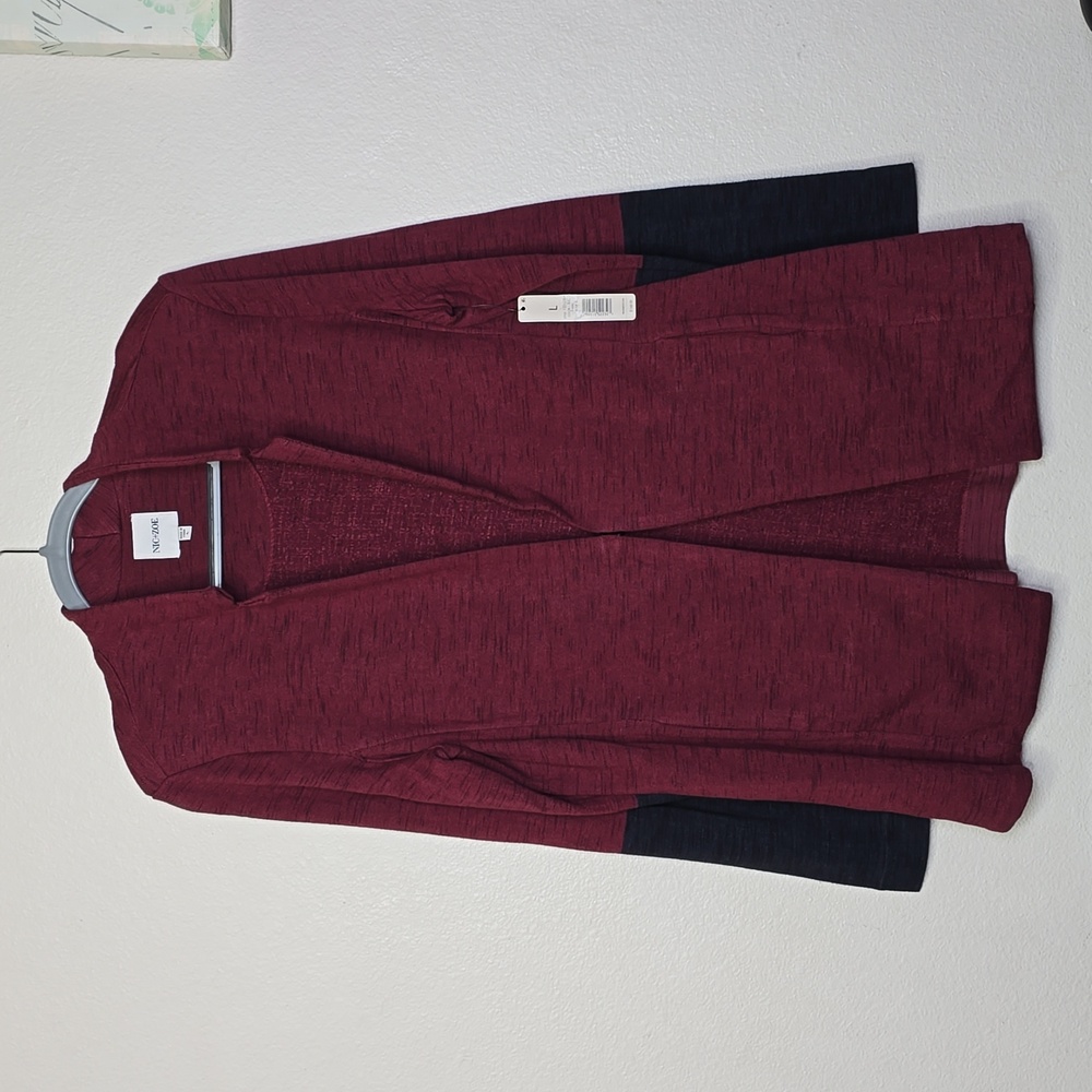 NIC+ZOE Maroon Open-Front Cardigan with Black Sleeve Panels